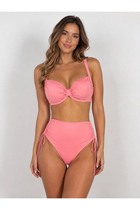 VAJESTO Kadın Pembe Likralı Esnek Şık Rahat Büyük Beden Telli Balenli Toparlayıcı Yüksek Bel Bikini Takım