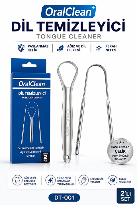 oral clean OralClean Paslanmaz Çelik Dil Temizleyici 2’li Set Dil Sıyırıcı Tongue Cleaner Ağız ve Dil Hijyen Aparatı Ferah Nefes