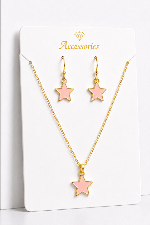 MakeWell Pembe ve Beyaz Yıldız Figürlü Gold Kolye ve Küpe Takı Seti – Kadın Minimal Şık Aksesuar