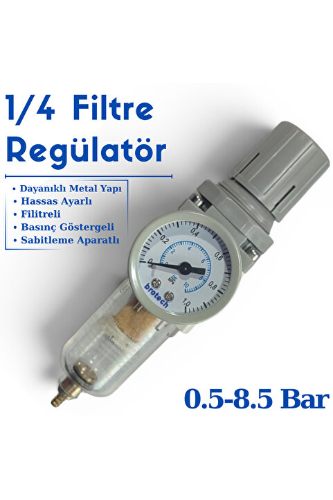 BROTECH 1/4 Filtreli Basınç Regülatörü - Mini Hava Regülatörü - Su Ayırıcı Kompresör Filtresi (Göstergeli-Sabitleme Aparatlı)