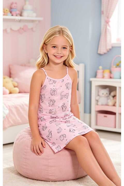 NiCe İç Giyim Kız Çocuk Pembe Renk Kedi Desen İp askılı Pamuklu Penye Gecelik