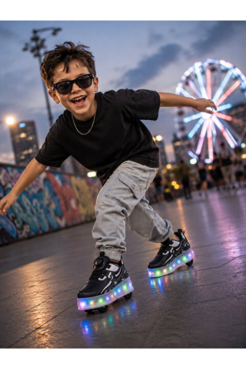 MAJHİ Rocky Unısex Çocuk Tak-Çıkar Tekerlekli Ortopedik Işıklı Paten Ayakkabı Kaykay Ayakkabısı