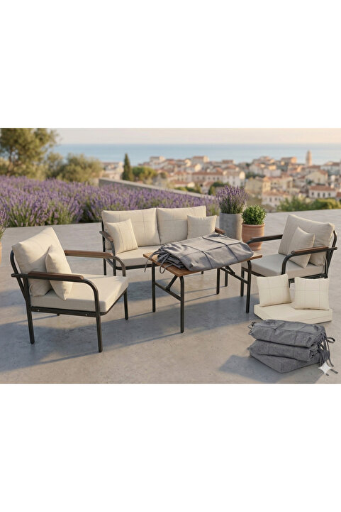 EVZEN HOME nergiz bahçe balkon cafe takımımız 2+1+1 sehbalı metal takım,yanında gri renk 1 takım kılıf hediyeli