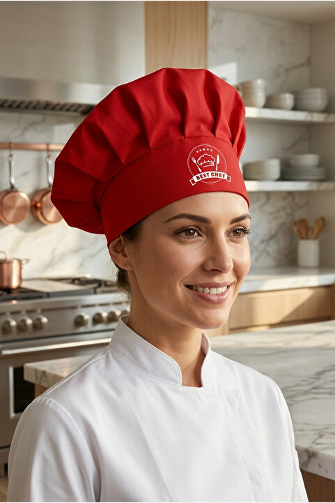 enmalife Kırmızı Üzeri Beyaz Best Chef Logo Baskılı Şef Aşçı Şapkası, Mantar Kep