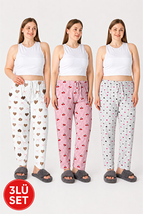LOTTEBELLA 3Lü Paket Büyük Beden Pamuklu İnce Nefes Alabilen Kumaş Desenli Pijama Altı