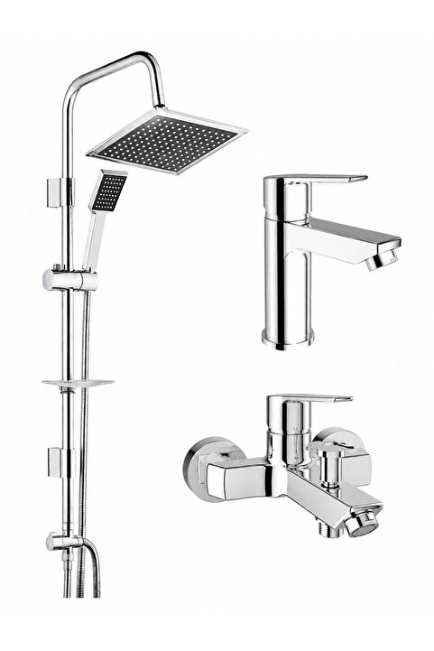 KALE Mare Banyo Lavabo Bataryası ve TEMA 53260 Rain Quadro Tepe Duş Seti Pirinç Krom Banyo Seti