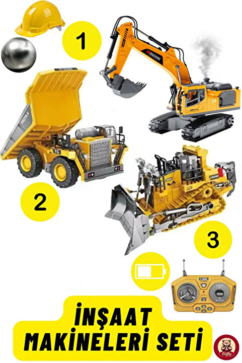 giffy Kumandalı İnşaat Makineleri 3lü Set Kamyon,Ekskavatör ve Bulldozer Şarjlı Işıklı Metal Kasa Yetişkin