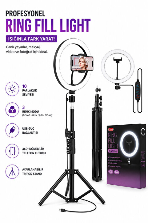 LESGO Ring Light Youtuber Tiktok Çekim Tripod Işıklı Telefon Tutucu Makyaj Işığı 10 Inç 2.1 Mt Tripod