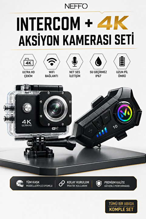 NEFFO Motorcu Seti 4K Aksiyon Kamera + Intercom V10 – Motorcu interkom Sürüş İletişim Ve Çekim Seti