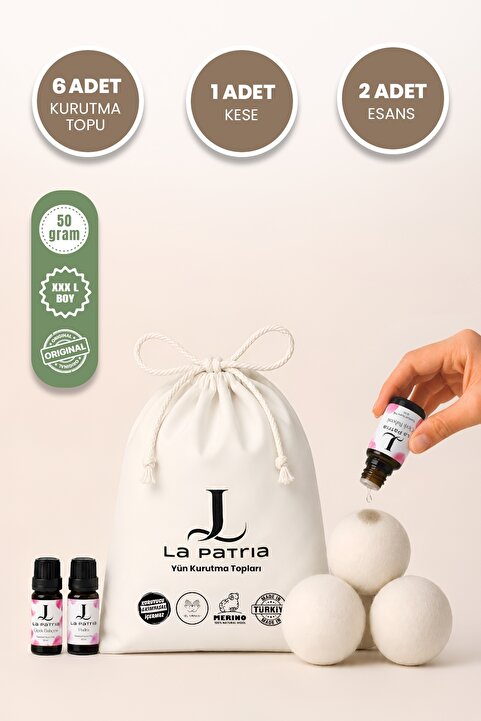 LaPatria 6 ADET XXXL YÜN ÇAMAŞIR KURUTMA MAKİNESİ TOPU - 1 ADET KESE - 2 ADET ESANSİYEL YAĞ 10 ML
