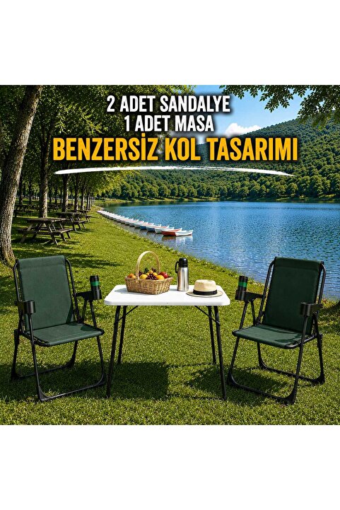 Armarks 2 Adet Katlanır Bardaklıklı Kamp Sandalye ve Masa Seti,Taşınabilir Piknik Bahçe Sandalyesi Masa Seti
