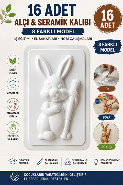 Hobialem 16 Adet, Alçı Kalıbı, Seramik Kalıbı, 8 Farklı Model, Iş Eğitimi, El Sanatları