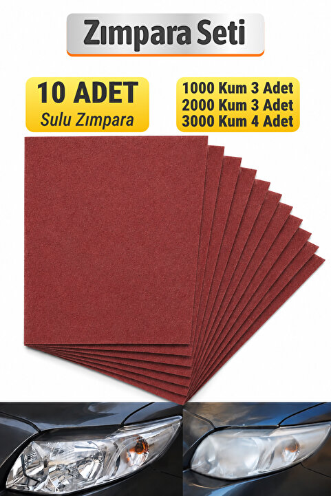 Badem10 Far Temizleme Ince Kalın Kağıt El Su Zımparası Kağıdı Araç Parlatma Set 1000-2000-3000 Kum 10 Adet