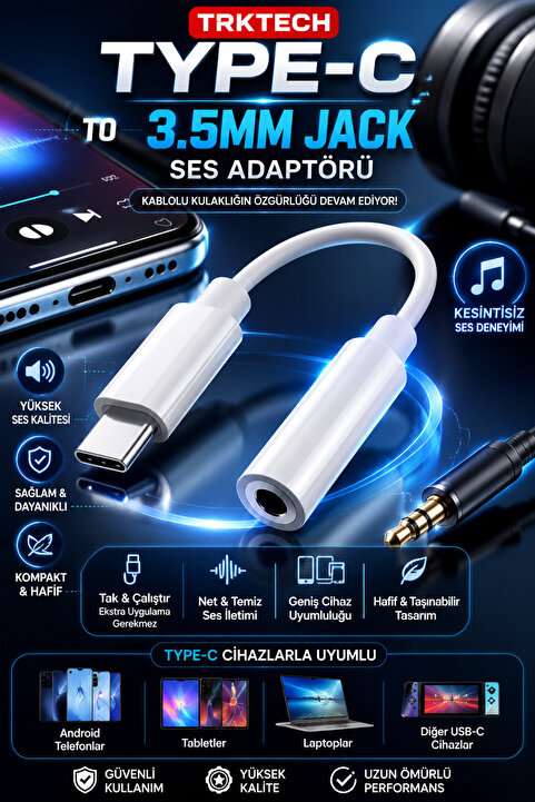TrkTech Type-C to 3.5 mm Jack Kulaklık Dönüştürücü USB-C Aux Ses Adaptörü Kablolu Kulaklık İçin Çevirici