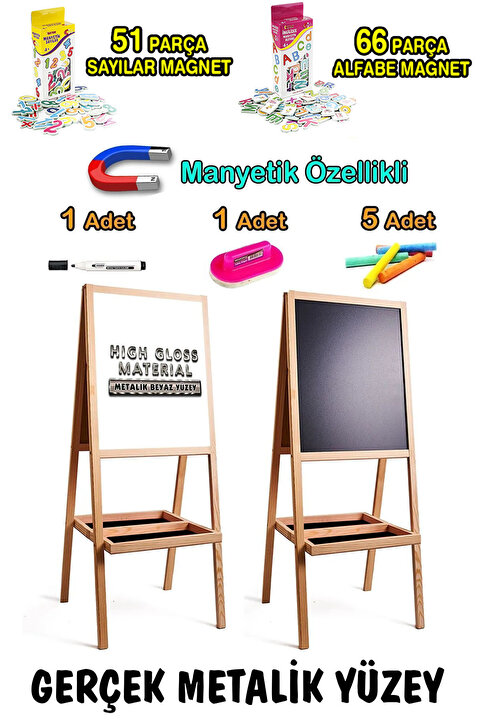 PinkToys 110 cm Gerçek Metal Yüzey Manyetik Özellikli Ahşap Çocuk Yazı Tahtası Seti