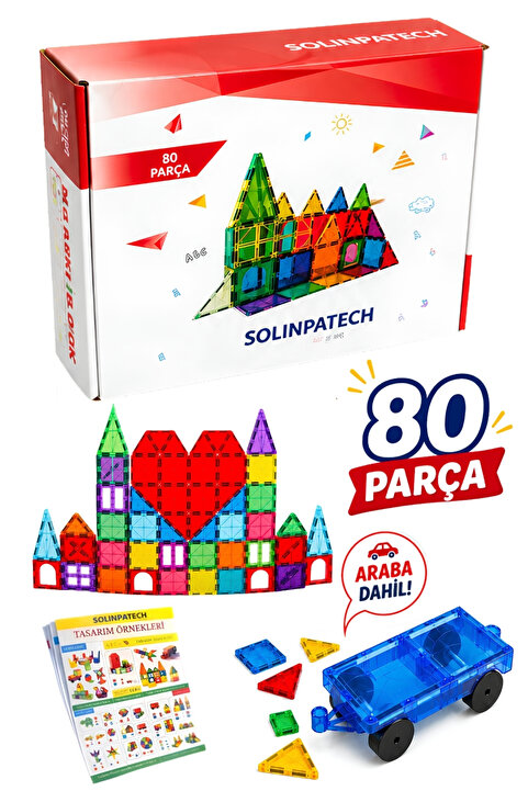 SolinpaTech Arabalı 80 Parça 7.5cm Büyük Boy Manyetik Blok Seti | Güçlü Mıknatıslı Zeka Geliştirici Eğitici Oyuncak