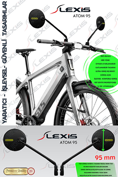 LEXİS Atom 95 Bisiklet/Elektrikli Scooter /Gidon üstü Aynası Ultra Optik Görüntü Geniş Bombeli Açı /E-Bike/Atv/Motosiklet Aynası