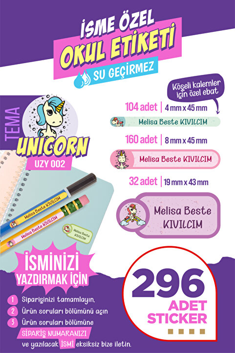 colortouch 296 ADET Unicorn Temalı Okul Etiketi Kalem Etiketi Kişiye Özel İsim Yazılabilen Etiket
