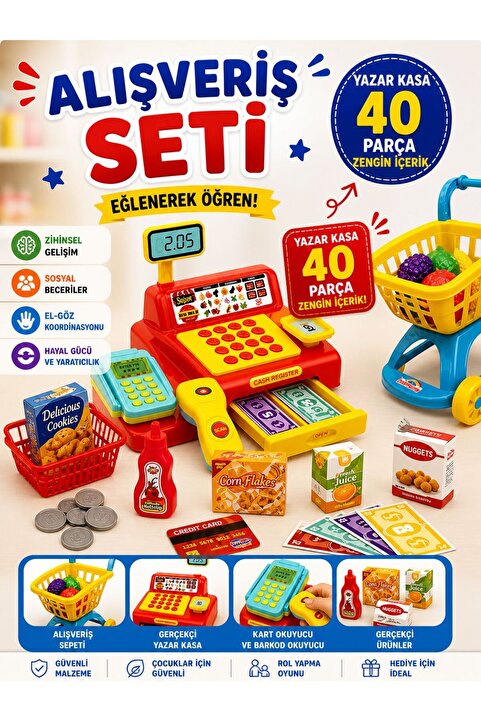 SAZE Alışveriş Seti 40 Parça Oyuncak Market Sepeti Yazar Kasa Çocuk Oyuncak Seti