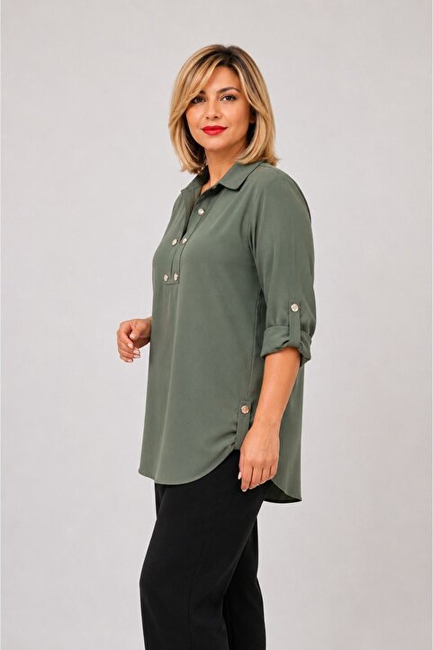 By Alba Collection KADIN HAKİ DÜĞME DETAY BÜYÜK BEDEN VİSKON GÖMLEKKADIN HAKİ DÜĞME DETAY BÜYÜK BEDEN VİSKON GÖMLEK