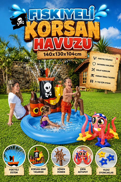 craftivio Korsan Temalı Fıskiyeli Şişme Çocuk Havuzu Su Oyun Merkezi Ahtapot Oyuncaklı 140x130x104 cm