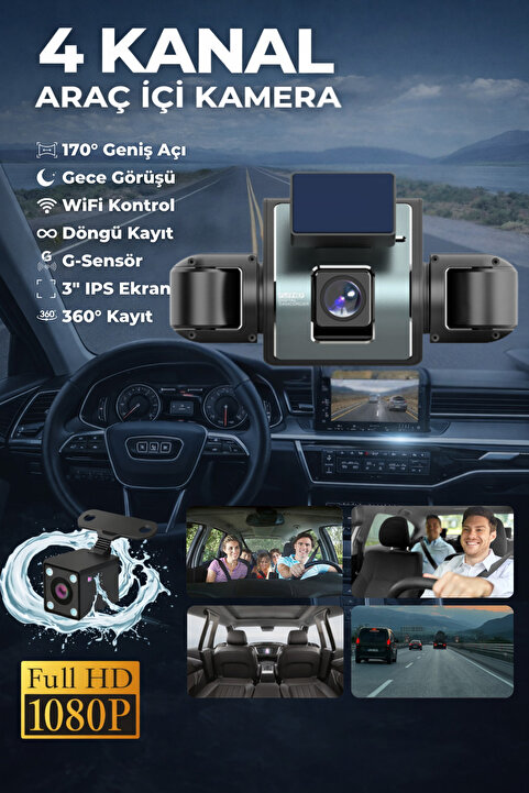 METONTECH 4 Kanallı Araç İçi Kamera | Ön+Sağ+Sol+Arka Kamera | 1080P HD, 360° Açı, Gece Mod, G-Sensör, Döngü