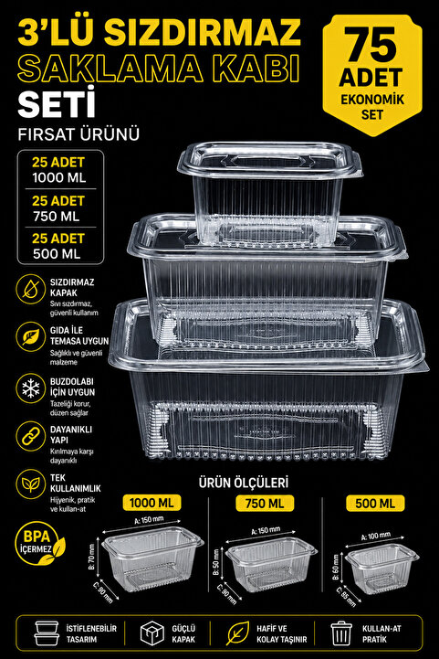 YOK YOK AMBALAJ Plastik Sızdırmaz Kap Kullan At Tek Kullanımlık Plastik Kapaklı Kase 3' Lü Set Fırsat Ürünü