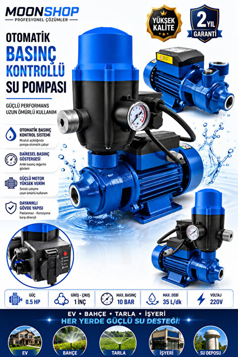 MOONSHOP Paket Hidrofor Otomatik Sistem Su Pompası 5 Yıl Garantili Qb60 Ve Hidrofor 2 Yıl Garantili