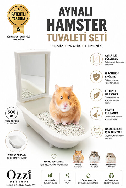 ozzipetshop Hamster Tuvalet Kabı 500 gr Tuvalet Kumu Seti Beyaz Koku Kontrolü