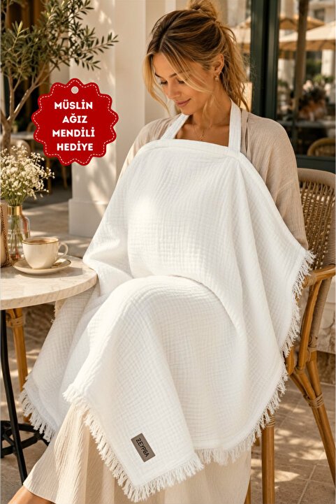 ZEYPBA Müslin Emzirme Örtüsü ve Puset Örtüsü 90x110 cm, Ekru 4 Katlı %100 Pamuk Püsküllü (BALENLİ)