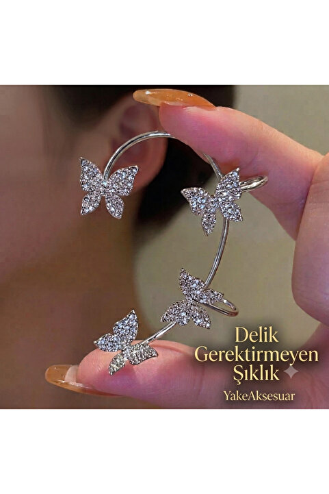 Aksesdunya Kelebek EarCuff Küpe Luxury Gümüş Taşlı Deliksiz Kıkırdak Küpe Tekli Kadın