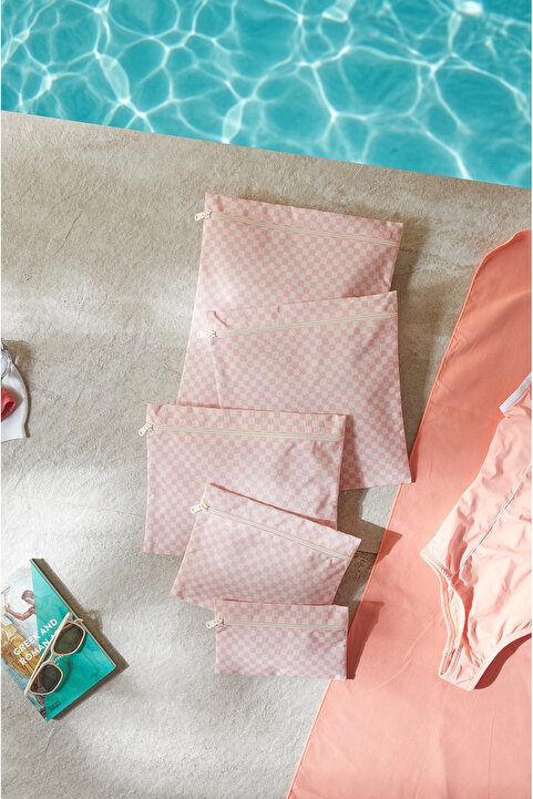 Ocean Home Textile 5'li Su Geçirmez Pvc Astarlı Pembe Dama Desen Mayo Islak Kuru Kirli Temiz Çamaşır Çantası