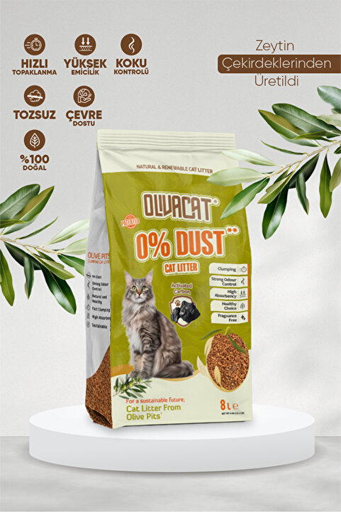 Olivacat Zeytin Çekirdeğinden Üretilen Aktif Karbonlu Tozsuz Doğal Kedi Kumu 8 L