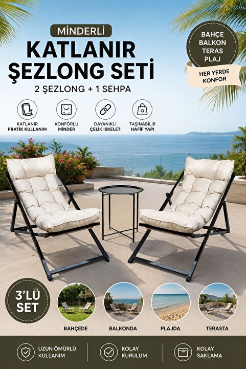 HASTUNÇ Premium Konfor Minderli Katlanır Şezlong Seti - İkili Bahçe Balkon Teras Plaj Şezlongu + Sehpa