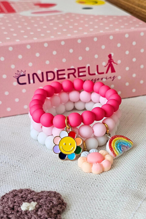 Cinderella 3'lü Set Gökkuşağı Renkli Çiçekli Kız Çocuk Bileklik - Hediyelik Doğum Günü Hediyesi Takı Aksesuar
