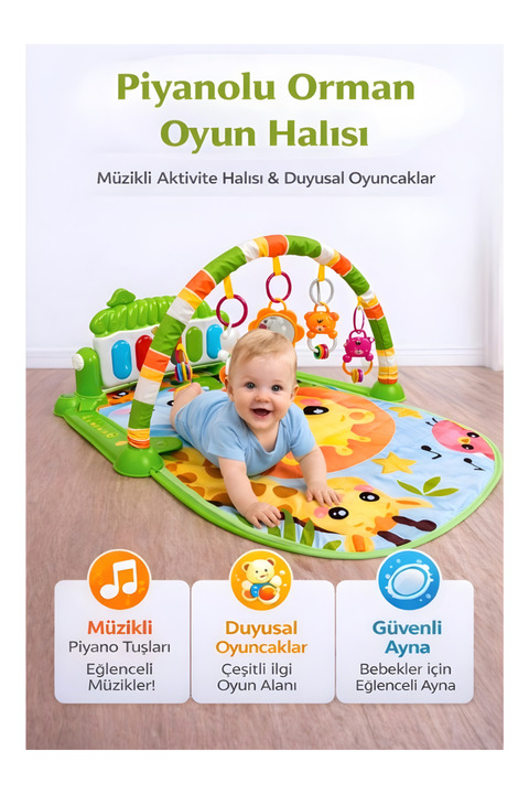 HAK İŞ OYUNCAK Piyanolu Orman Desenli Bebek Oyun Halısı – 0+ Ay, Hayvan Figürlü Işıklı ve Müzikli Gelişim Matı