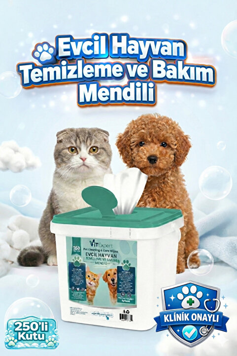 Vitexpert Evcil Hayvan Pati Tüy Kulak Göz Temizleme ve Bakım Kedi Köpek Mendili Hijyenik Islak Mendil 250 Adet