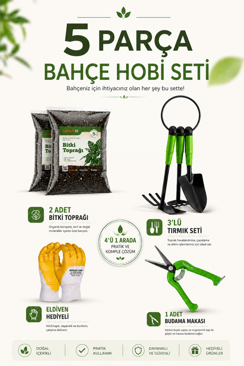 Badem10 (5'li Set) Metal Mini Kürek Çapa Tırmık Bahçe Seti Çim Peyzaj Bitki Çiçek Ekme Toprak Budama Makası