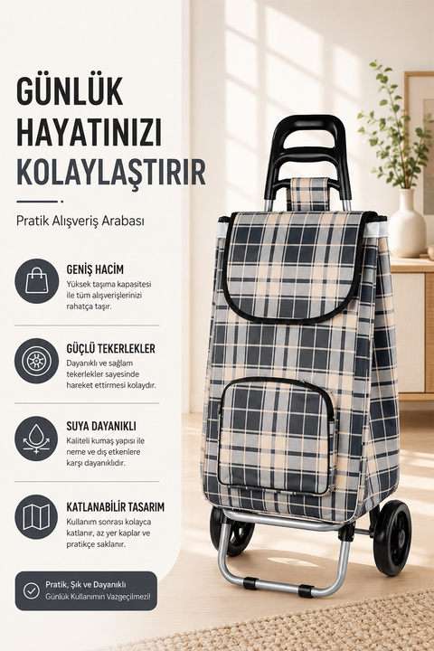 Vadi Katlanabilir Ses Yapmaz Tekerlekli Su Geçirmez Çantalı Pazar Arabası