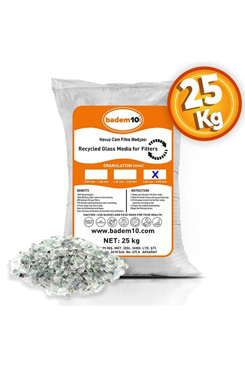 Badem10 25 Kg Cam Filtre Medyası (3.20-5.00 mm) Havuz Filitre Temizleme Su Arıtma Filtrasyon Filtreleme Kumu