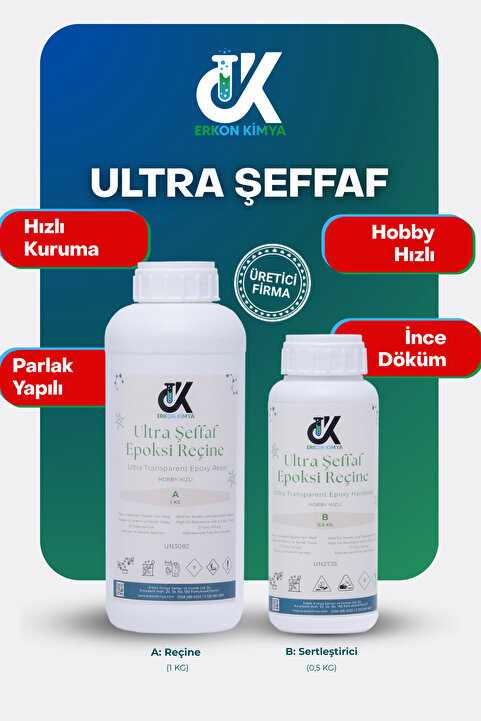 ERKON KİMYA Ultra Şeffaf Hızlı Kuruyan Epoksi Reçine 1.5 Kg – İnce Döküm, Takı, Sunum tahtası, Magnet, Hobi ve Sanat İçin