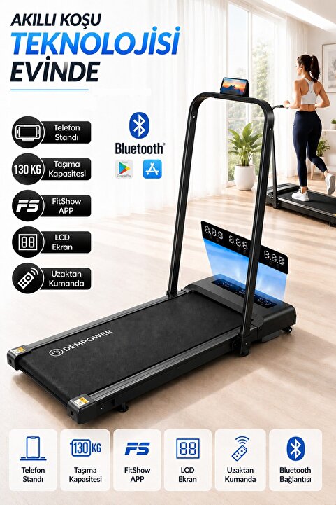 DEMPOWER 130KG Taşıma Kapasiteli Bluetoothlu Uygulamadan Ayarlanabilir Uzaktan Kumandalı Yürüme Ve Koşu Bandı