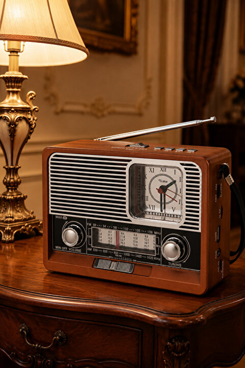 Zineets Saatli Nostaljik Radyo FM Ahşap Görünümlü Bluetooth Hoparlör Ahşap Renk Vintage Saatli IŞIKLI USB SD
