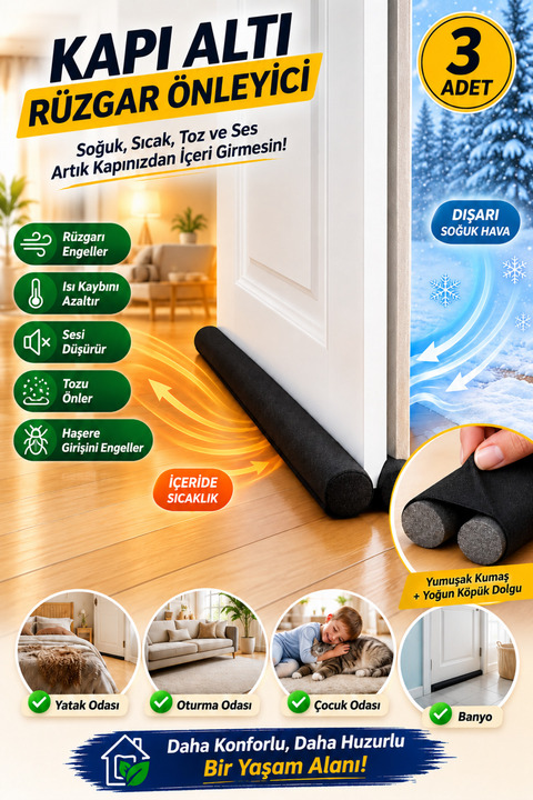 Ankaflex Kapı Altı Rüzgar Önleyici Isı Işık Önleyici Isı Yalıtım Süngeri Rüzgarlık Toz Soğuk Sünger 3 Adet