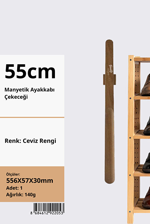 Beauty Vogue Masif Ahşap Mıknatıslı Ayakkabı Çekeceği - 55cm Uzun Kerata (Lüks ve Pratik) - Ceviz