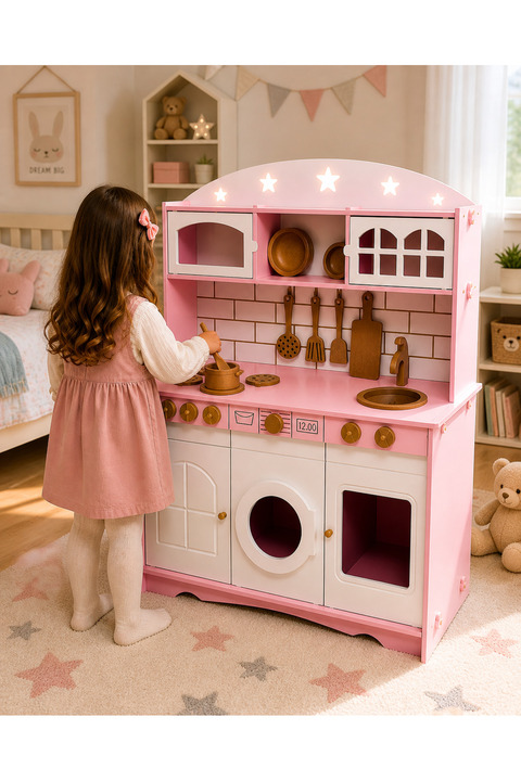 Buradadavar Hobi Ahşap Boyalı Ahşap Oyuncak Mutfak Servis Seti Pembe- Beyaz