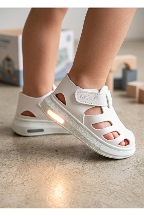 ZERA TREND Işıklı Cırt Cırtlı Kız Erkek Beyaz Esnek Taban Ortapedik Çocuk Spor Sandalet Terlik