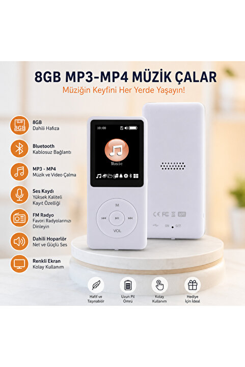 SIGHTZER 8GB DAHİLİ HAFIZALI BLUETOOTHLU MP3-MP4 ÇALAR SES KAYIT FM RADİO DAHİLİ HOPARLÖR EKRANLI MÜZİK ÇALAR