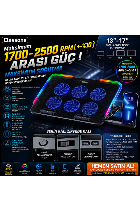 Classone Gaming M60 Laptop Soğutucu 2500 RPM , RGB ,Telefon Standı, 15.6 - 17 inch Uyumlu