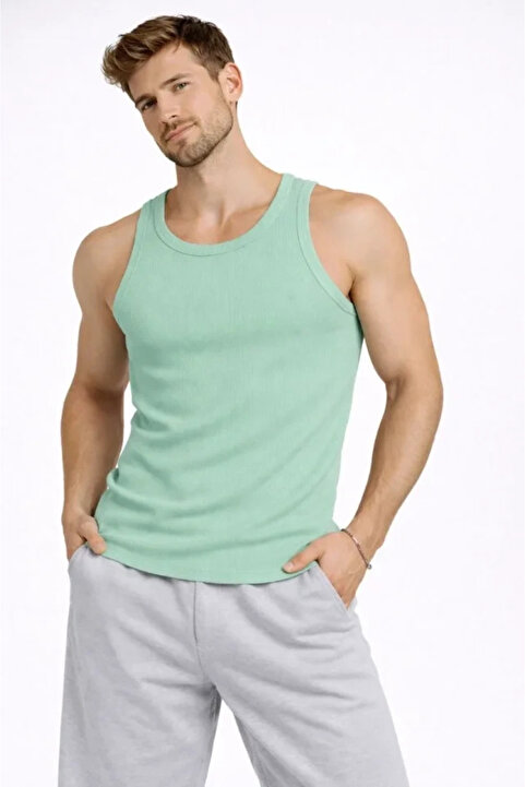 Genel Markalar Erkek Fitilli Atlet Sıfır Yaka Slim Fit Arka Baskılı Spor Atlet - Mint Yeşili